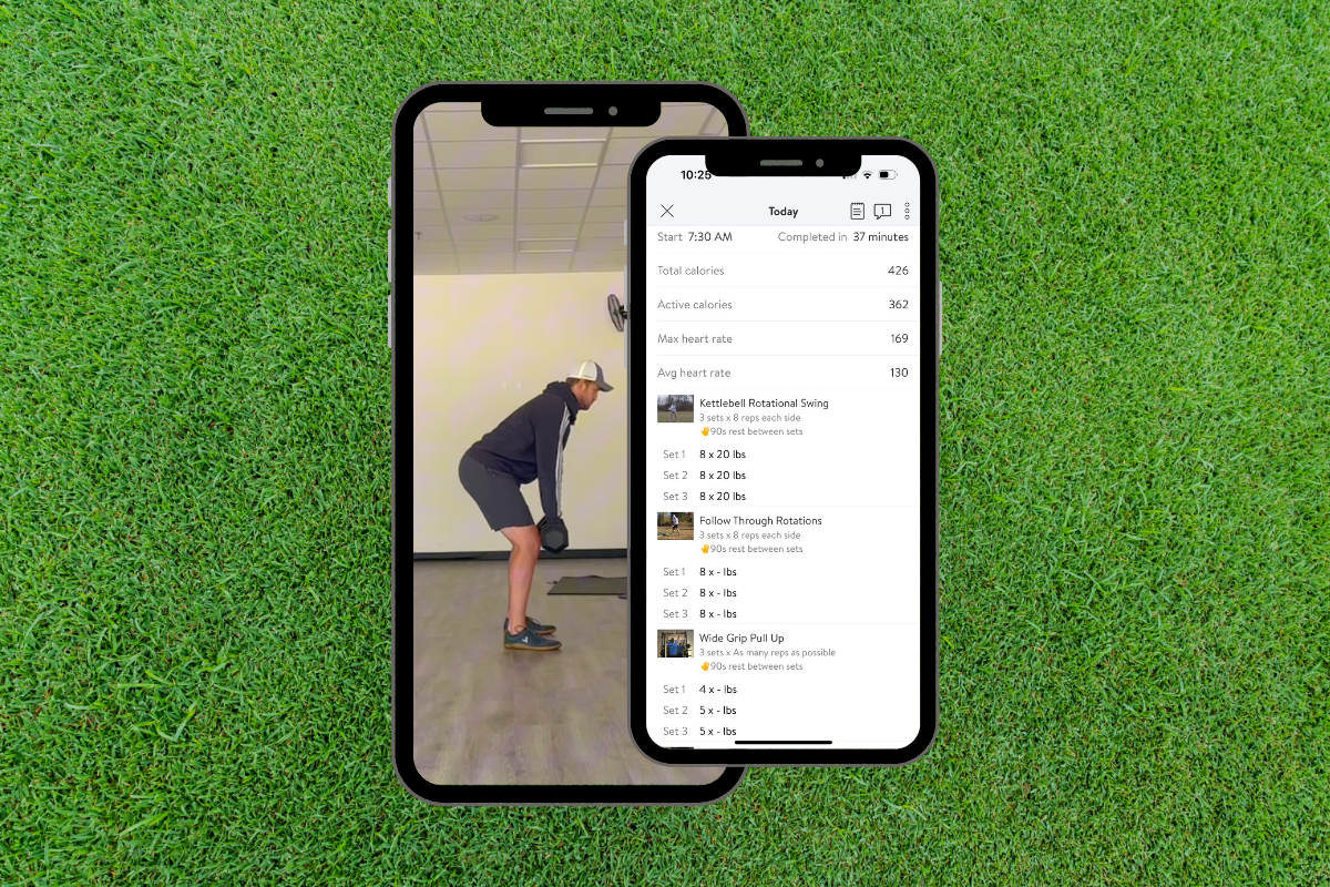 Screenshot of The Golf Fitness app showing custom golf workouts, mobility routines, and strength exercises for golfers.