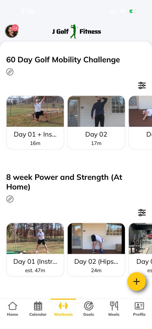 The Golf Fitness App available workout programs screen on mobile phone