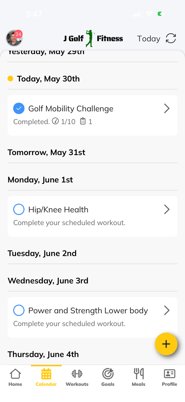 The Golf Fitness App scheduled workouts screen on mobile phone
