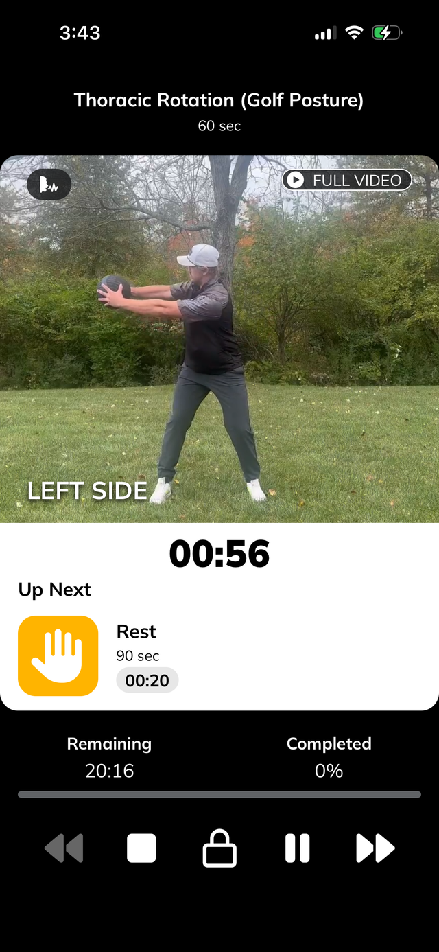 The Golf Fitness App workout screen on mobile phone